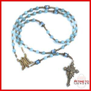 Aquamarine Jade Stone Rosary Bracelet Set with Miraculous Medal
